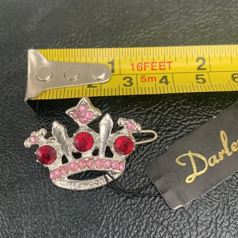 Vintage Crown & Marbled Enamel Barrette Pair Rhinestones